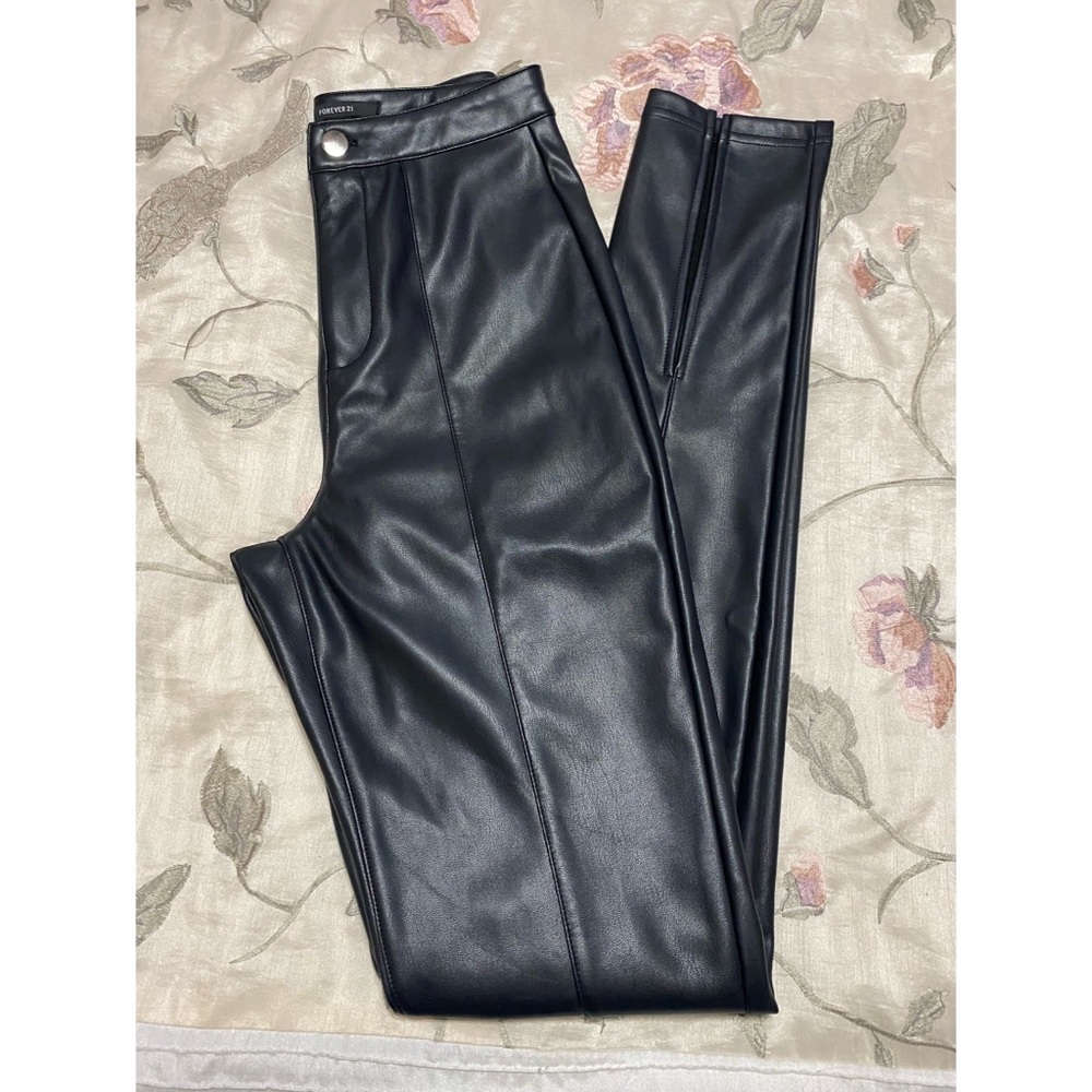 High Waisted Black Faux Leather Skinny Pants with Ankle Slits